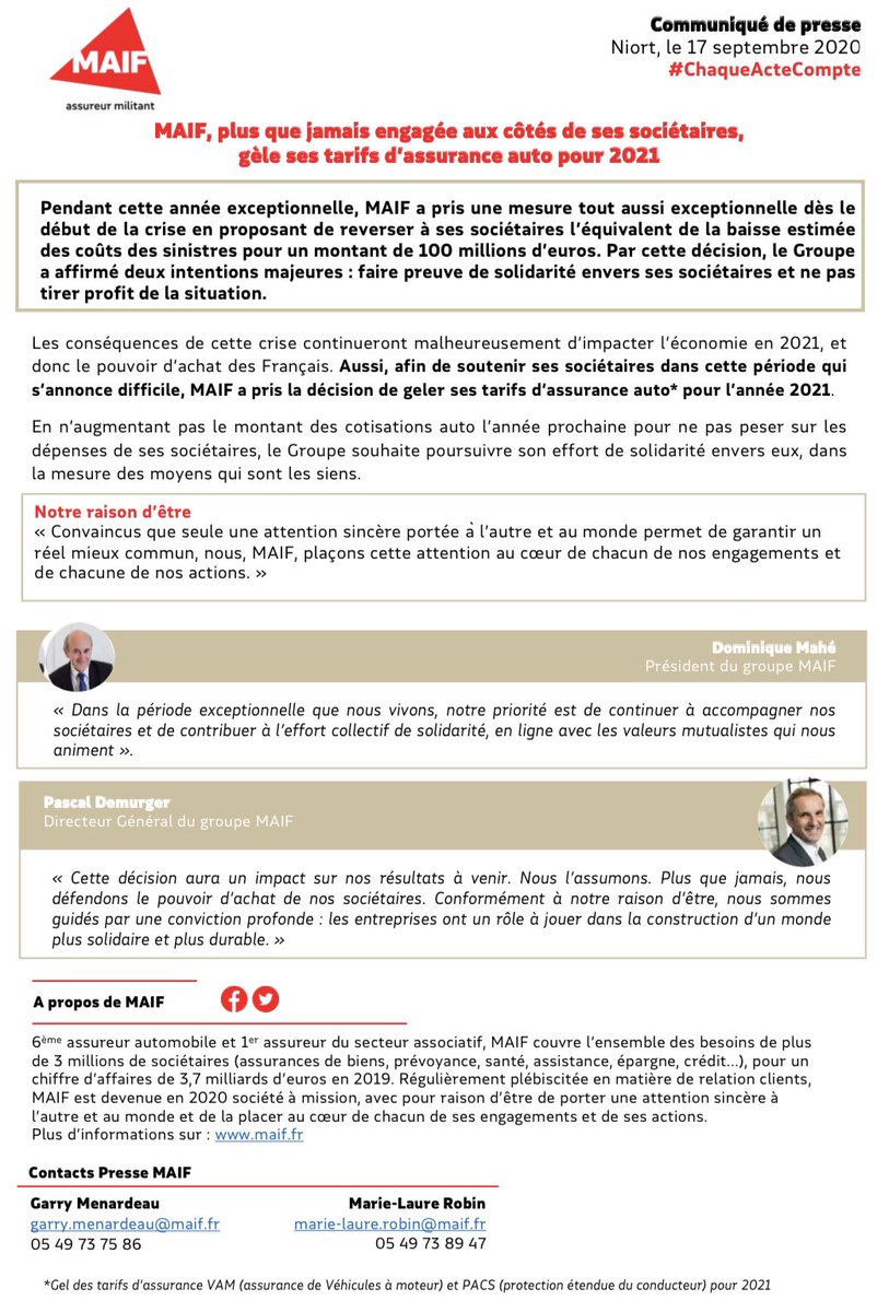 #ANNONCE
Dans cette période qui s’annonce difficile, nous avons pris la décision de geler nos #tarifs d’#assurance #auto pour 2021. Cette décision aura un impact sur nos résultats à venir. Nous l’assumons. Plus que jamais, nous défendons le #pouvoirdachat de nos sociétaires !
