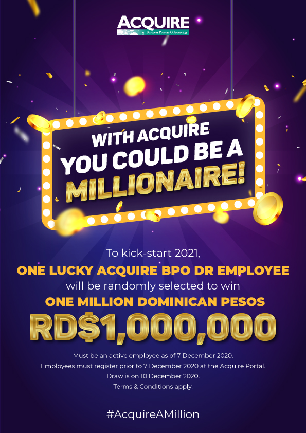 AcquireAi's tweet photo. Who wants to be a millionaire? We're shaking things up and raffling off RD$1,000,000 to one lucky Acquire employee in the Dominican Republic. Register on the Acquire Portal. #AcquireAMillion #AcquireTheALife https://t.co/dMBC5TQkuV