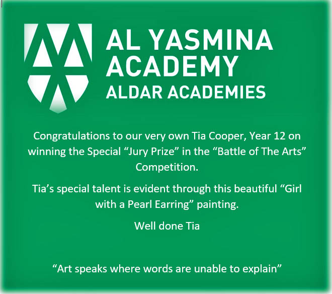 Battle of the Arts Competition winner, Tia Cooper, Year 12 Nelson
#AldarEducation #Aldaracademies #aldar #AlYasminaAcademy #battleoftheart #artist #winner #students #uae #abudhabi