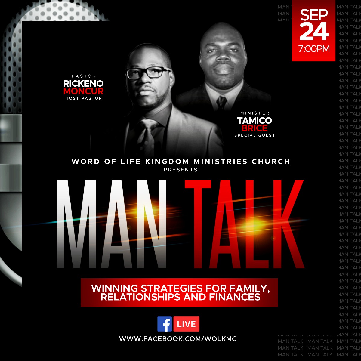 In this edition, expert; Min. Tamico Brice leads the discussion on Family, Relationships, Finances &amp; more all from the male prospective. Invite every male you know to be a part as this will be a game &amp;mind changer! #staysafe #men #family #relationships #finances #talk #wordoflife