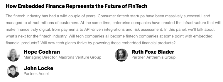 KITE_Scouting's tweet photo. Must-watch #TCDisrupt session today for incumbents in #FinancialServices and #fintech #startups -- with our friend @Foxe_News of @anthemis + @MadronaVentures & @Accel
--> 9:45am PT on the #ExtraCrunch stage. More:
https://t.co/BBf9c1t8Rb https://t.co/SVZ9eOmC3f