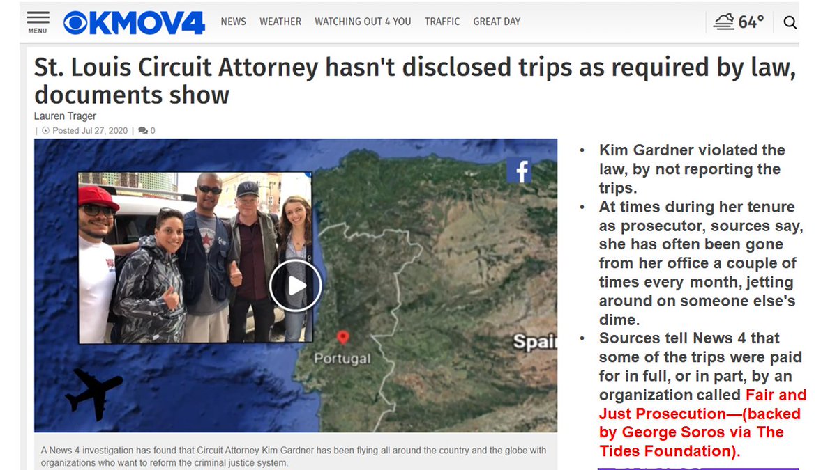 21. Back to travel. Kim Gardner took several trips around the country & the world, but didn't report them--as required by law.Many were funded completely, or in part, by The Tides Foundation (a George Soros front).She's dangerous. Wake up, St. Louis! https://kmov.com/news/st-louis-circuit-attorney-hasnt-disclosed-trips-as-required-by-law-documents-show/article_bdee8a7a-d05f-11ea-b7c3-079ff4871843.html