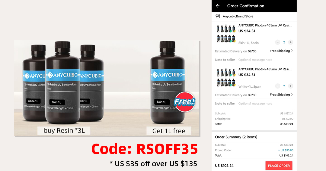 🔥Resin buy 3L get 1L free 🔥
✂️Code: RSOFF35 ( $35 off over $135)
Link: aliexpress.com/item/329528067…
⏳Limited offer, only for 1L Resin in Czech Republic / Spain Warehouse

#3d #3Dprinting #anycubic #resin #photon #photons #photonmono #3dprinter #printer