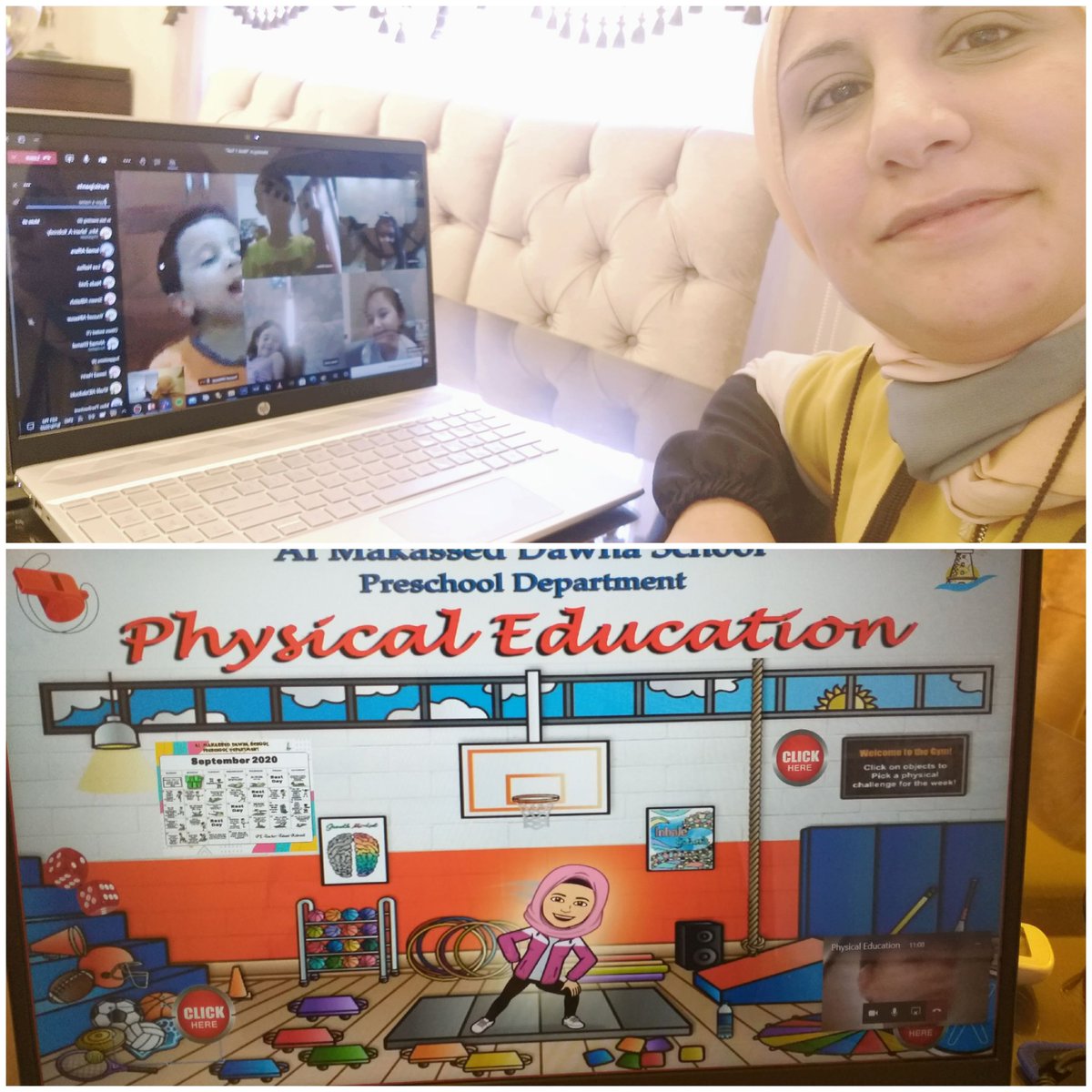 TahaniKobrosli's tweet photo. Who said Physical Education classes virtually could not be done? 
#virtual_meeting via #Microsoft_Teams 🤸‍♀️🤸‍♂️
#bitmoji
#online_week1_trial
@DawhaHighSchool 
@FThaalby https://t.co/BCrjQ0ZGN8