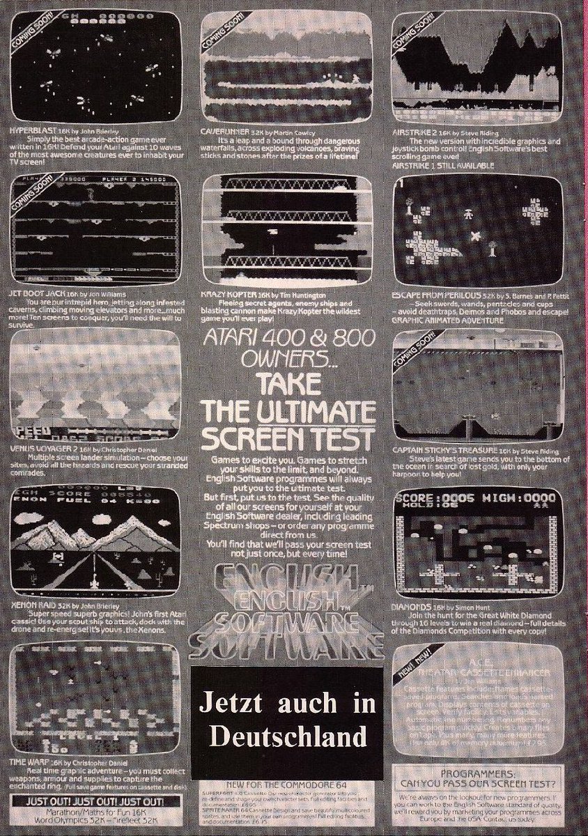 TakodanTweets's tweet image. German ad for games by #EnglishSoftware. Scan seems to have enhanced a severe Moiré effect or maybe it was done this way on purpose? #Atari400 #Atari800