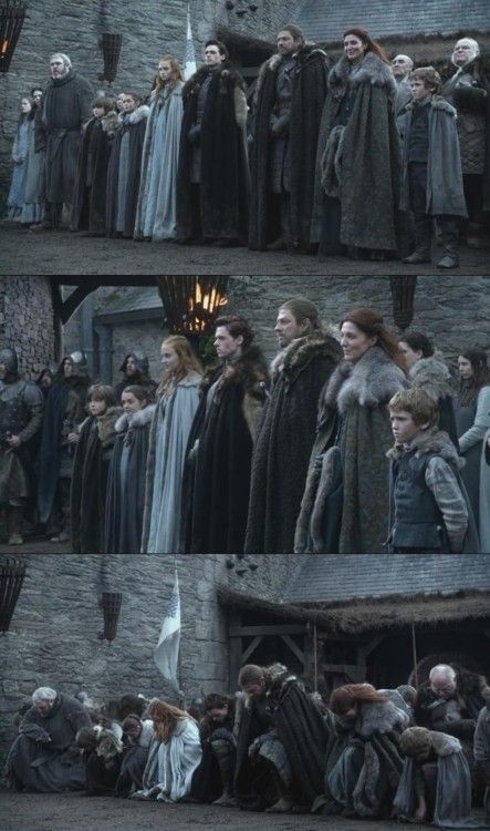 - arrive à Winterfell, c'est la 1er fois que le spectateur identifie réellement Robert. L'absence de révérence au roi brouille les pistes. Ils ont donc fait s'agenouiller les Stark pour clarifier son statut : bel exemple de la nécessité et de l’importance du travail d’adaptation