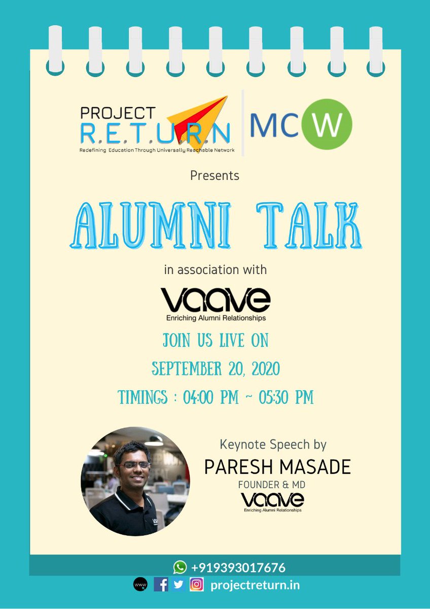 projectRTN's tweet photo. ⭐⭐ Monthly Meet-up⭐⭐

👩‍💻 2nd Virtual Meeting 👨‍💻

Topic : 🥅 Alumni Talk 🥅
Speaker: Paresh Masade @sayVaave
Date : Sep 20,  2020
Day : Sunday
Timings: 04:00 PM to 05:30 PM IST
@mcwglobal @projectRTN
#Lets_not_lockdown_our_brains 
#skill_up 
#new_learnings 
#projectRETURN https://t.co/lFAPeXHgoq