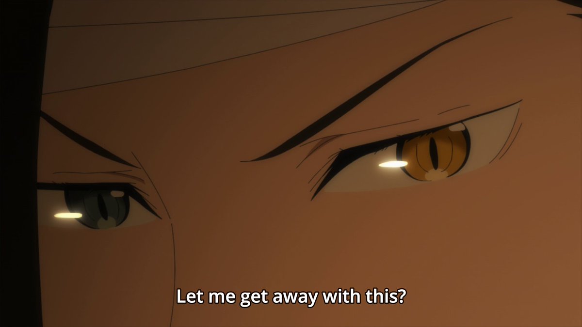 Subaru has absolutely no control here. Roswaal cuts off Subaru's dialogue and completes his sentence to both show how he has power over the conversation and understands what's going through the minds of other people. The extreme close-up of the eyes show how he's very perceptive.
