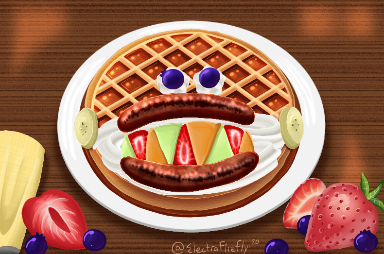 Ravenous OctoMawffle
'Inkling is the Menu...The Ravenous Octomawffle!'

Here's an OctoMaw that won't eat you, quite the contrary... it's made with fresh cream, fruit, sausage and lots of berries! 
#SplatCafe #Splatoon #スプラトゥーン