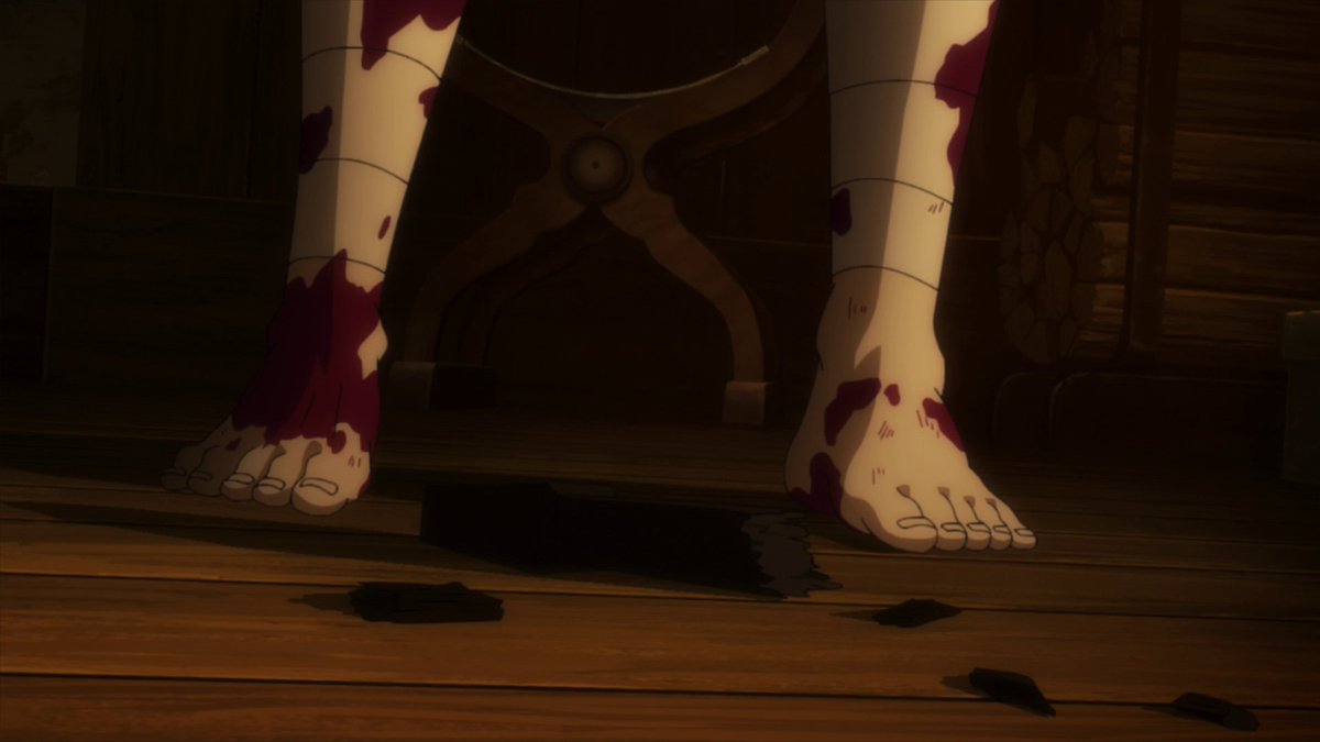 Once again, Roswaal uses his feet to inflict pain, this time he stomps on Subaru and thus establish that Subaru is beneath him. The close-up shot on Roswaal's feet even highlights, from Subaru's perspective, how he's completely below Roswaal.