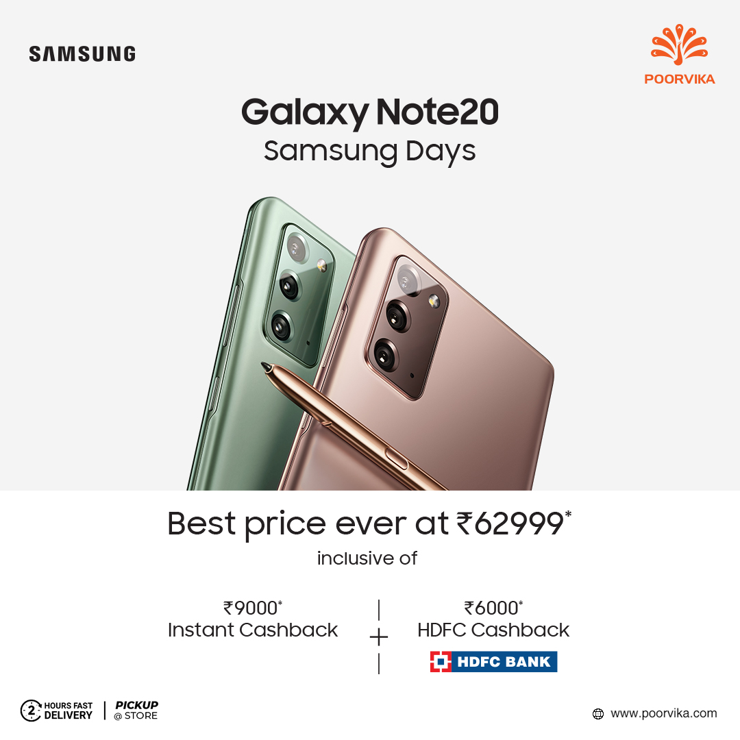 poorvika_india's tweet photo. Everyday is #Samsung Days at #Proovika with unbelievable offers on the #GalaxyNote20 which starts at the Best Price Ever of just ₹62,999*.  
.
Order Now: https://t.co/gH2tVpzqte
.
Get 2Hours* Fast Delivery | Pick up @ Store.
.
#PoorvikaMobile #SamsungGalaxyNote20 #onlineshopping https://t.co/AUnReqDRYe