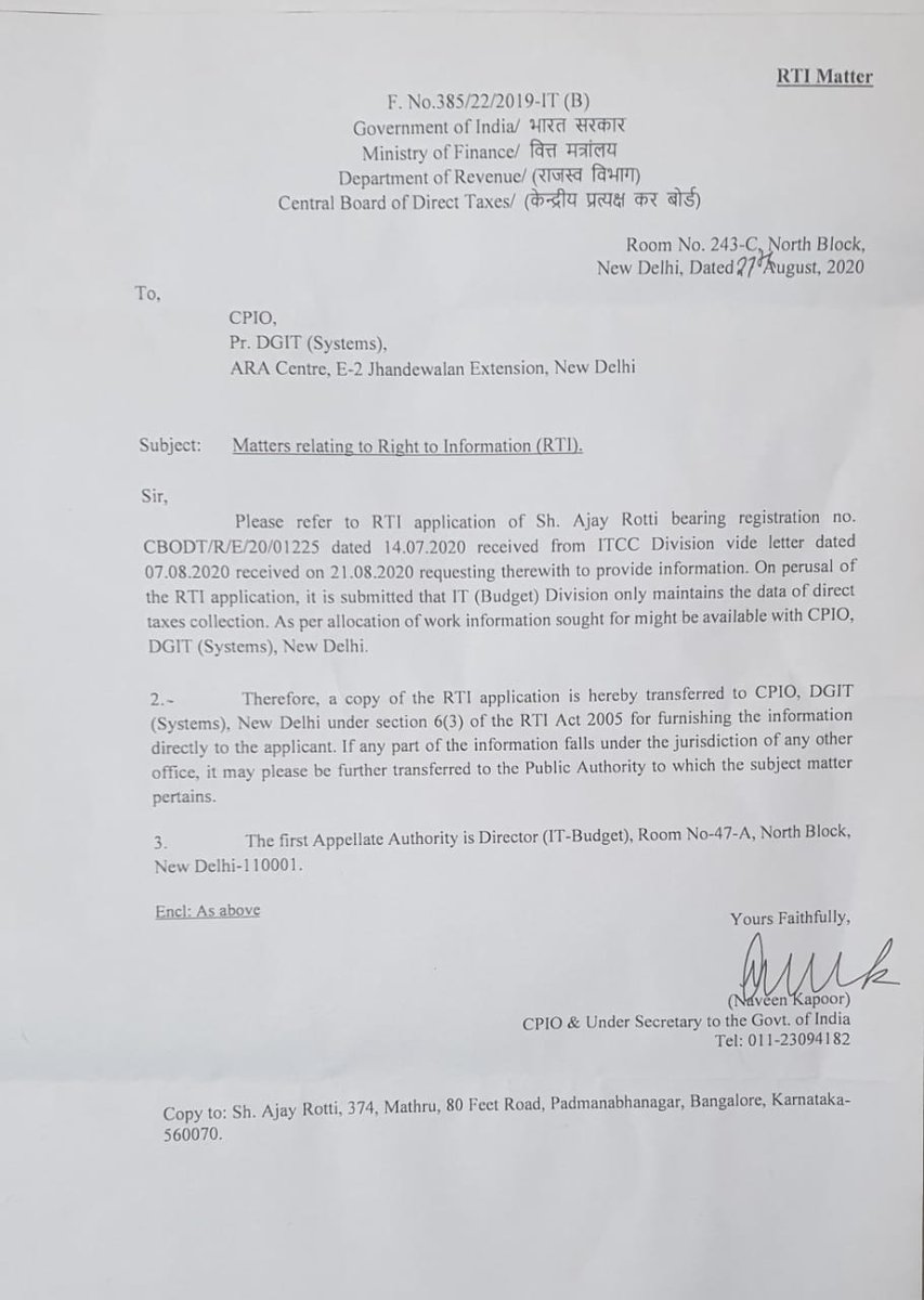 A thread on  #RTI -I had filed an application under  #RTI (not my 1st). Online with CBDT. The system assigned it to a particular officer. Thereafter, my application has been transferred from one officer to another 5 times in 2 months!  @ianuragthakur  @nsitharaman 1/5