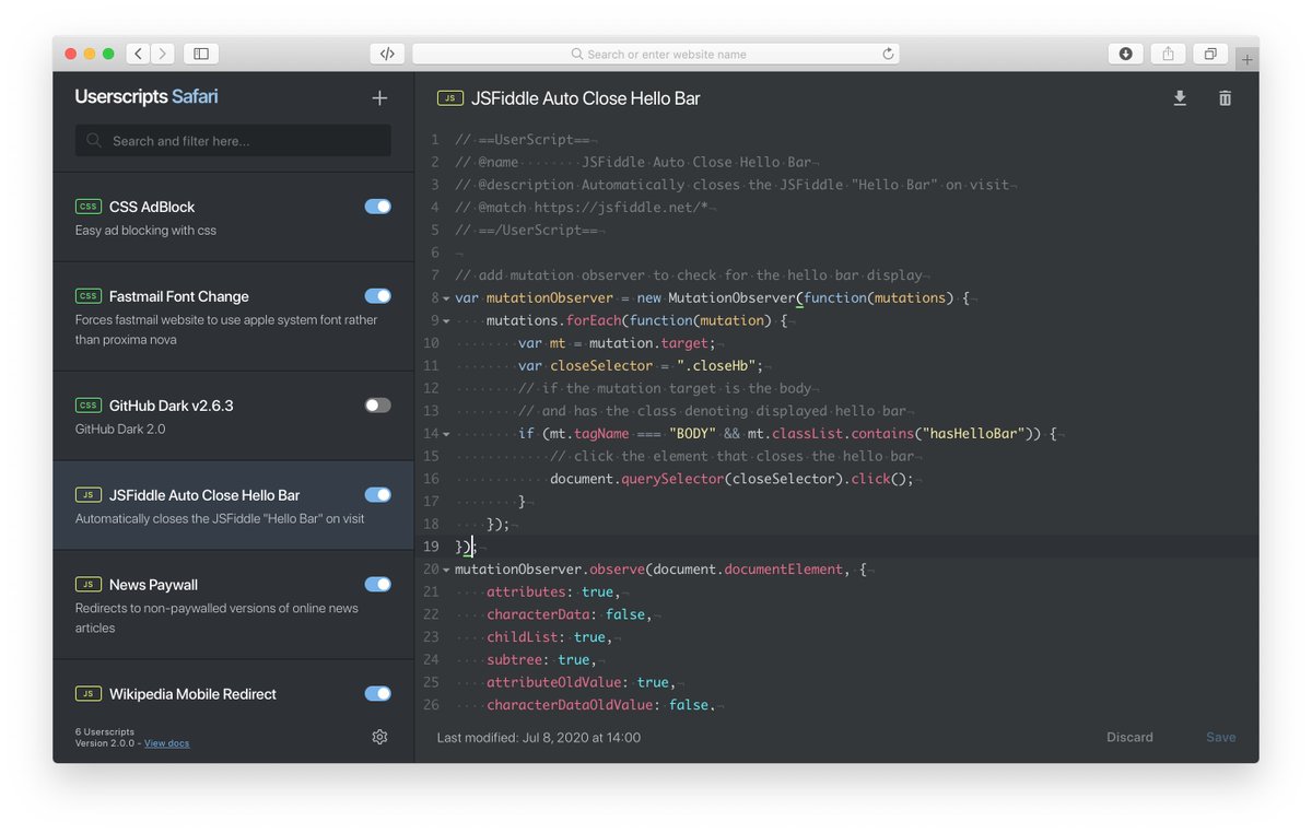 gorelics's tweet image. userscripts - a simple, open-source, userscript editor for Safari
#macos #safari #userscript #javascript
github.com/quoid/userscri…