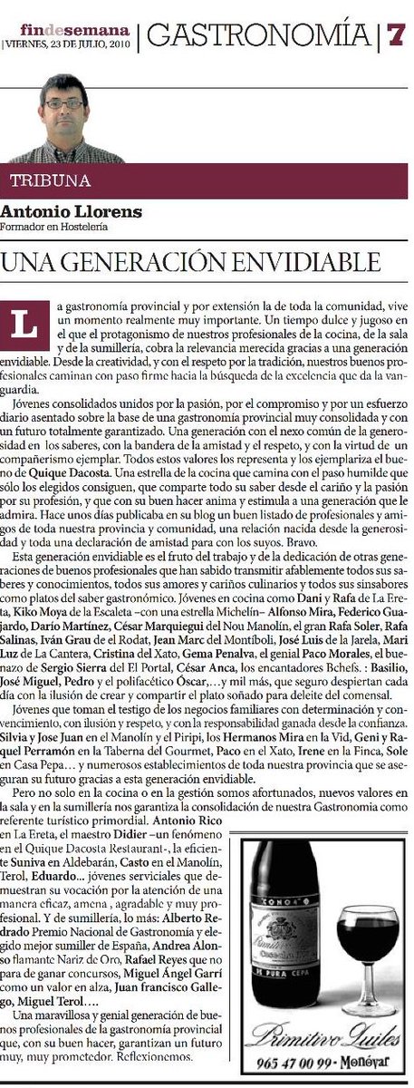 Un amigo me ha enviado un artículo que publiqué hace 10 años en <a href="/informacion_es/">INFORMACION.es</a> "Una Generación Envidiable" Muchos siguen, otros viven, la mayoría es feliz.Bravo por todos ellos, por lo que hicieron, por lo que hacen y por lo que harán <a href="/QiqeDacosta/">Quique Dacosta 🪼🍊</a> <a href="/rafasolerchef/">Rafa Soler</a> <a href="/kikomoyachef/">Kiko Moya</a>