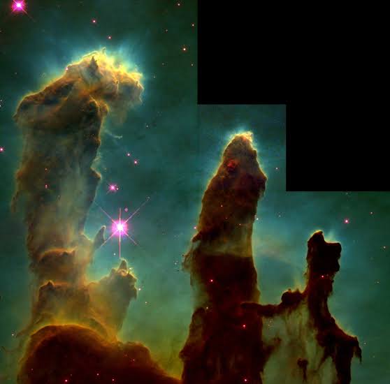 07/60These explosions spew out matter into space forming dust and gas clouds called nebulae. At some point nearby particles in a nebula start sticking together due to static electricity. They attract more particles. ("Pillars of Creation" in Eagle Nebula-from Wikipedia)