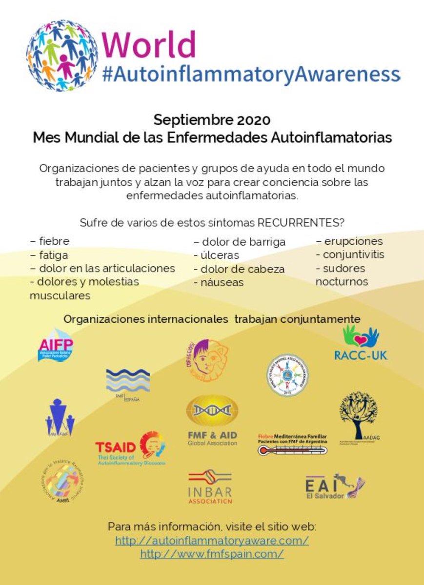 NoInvisibles's tweet photo. Septiembre: Mes internacional de las enfermedades autoinflamatorias. International #AutoinflammatoryAwareness Month
Y entre ellas la Fiebre Mediterránea Familiar #FMF cuyo #FMFDay es hoy, encontrareis contacto 🇪🇸en @FMFSPAIN y @STOP_FMF
https://t.co/GnQyJYtT3T https://t.co/EVNxo2QqVj