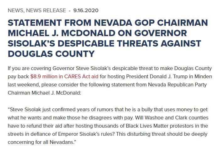 Have you seen this statement from  @NVGOP yet  @realDonaldTrump?Apparently  @GovSisolak threatened Douglas County to pay back $8.9 million in CARES Act aid for hosting your peaceful protest in Minden. #Nevada #COVID19 #Trump2020