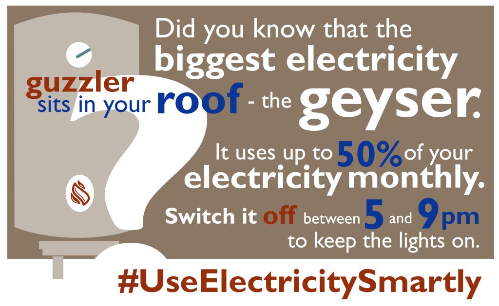 Eskom_SA's tweet photo. Let's work together to reduce the electricity peak in the evenings. Think of 3 things: switch off the biggest energy guzzlers i.e. the geyser, pool pump and air-conditioners - and do your bit to keep the lights on across the country.
#UseOnlyWhatYouNeed https://t.co/seWVkhfo9R