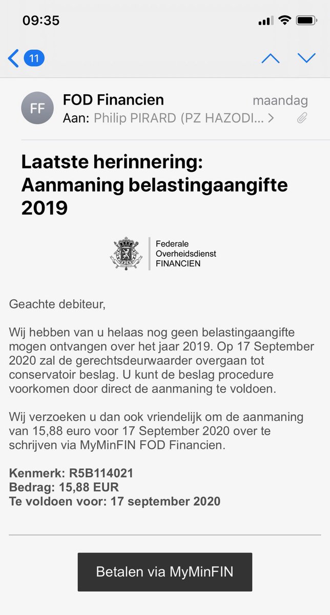 PolitieLRH's tweet photo. 📧 Zelfs onze korpschef is niet veilig voor oplichters. Hij kreeg een verdachte e-mail van "FOD Financiën" met de vraag tot betaling. Gelukkig zijn we hen te slim af en klikken we op verwijderen 😉 We kunnen jullie er niet genoeg voor waarschuwen: ga nooit in op zulke berichten! https://t.co/6FLQZVixVQ