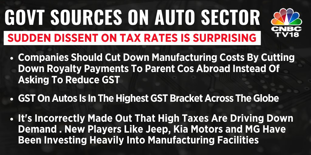CNBCTV18Live's tweet photo. Companies should cut down mfg costs by cutting down royalty payments to parent cos abroad instead of asking to reduce GST, say Govt sources
#AutoTax #AutoSector #Royalty https://t.co/LieJlIcVEs