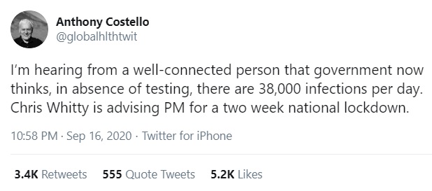 Chris Whitty trending as UK Media say "it has been reported" he wants another 2-week lockdown.This all comes from a tweet, which has now been corrected.Can someone let UK Media know they are reporting bollox again, please 