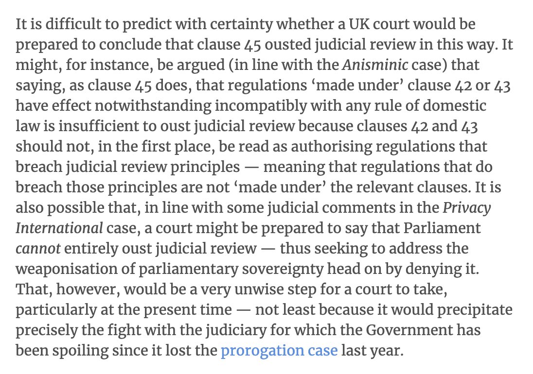 In a blogpost last week, I argued that there were two ways in which a court might approach this matter: either by means of (arguably strained) interpretation or by adopting the nuclear option of refusing to apply the ouster clause. /…  https://publiclawforeveryone.com/2020/09/09/the-internal-market-bill-a-perfect-constitutional-storm/