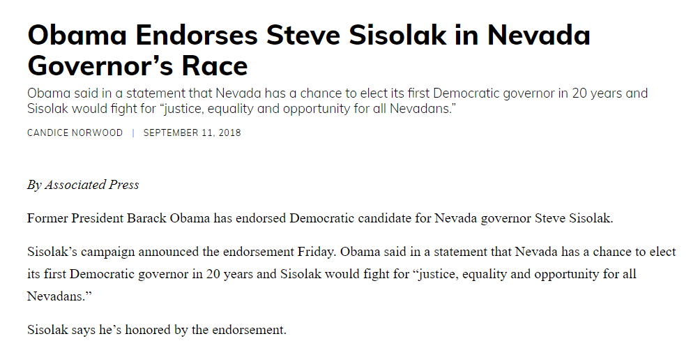 Apparently Obama endorsed  @GovSisolak and said in a statement that Nevada has a chance to elect its first Democratic governor in 20 years and Sisolak would fight for “justice, equality and opportunity for all Nevadans.”h/t  @inkedinkee @realDonaldTrump  #Nevada #Trump2020