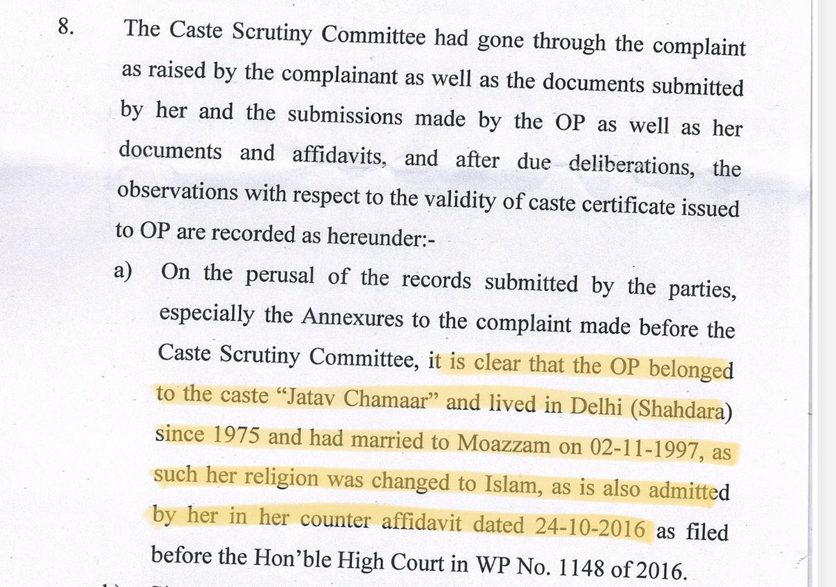 But committee found that she had admitted to having converted to Islam in a 2016 affidavit. Note that her caste certificate names her as Kavita w/o Moazzam, but all other documents in all these years like voter card and ration card name her as Ashiya)