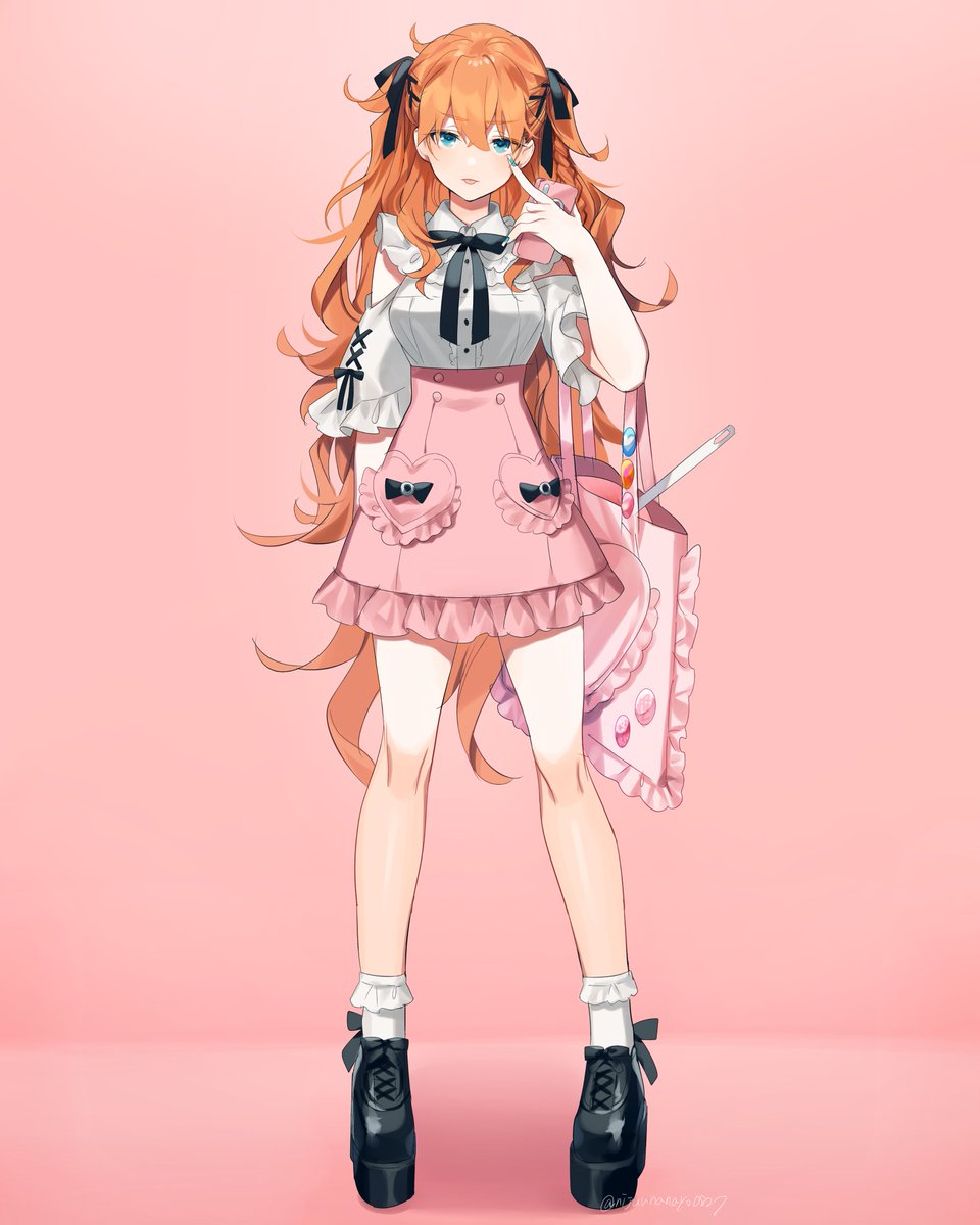 1girl solo long hair orange hair blue eyes skirt full body  illustration images