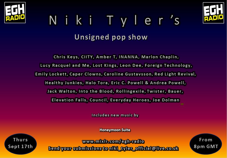 nikityler1's tweet photo. Playing on my @EGHRadio pop show tonight @ChrisKeysmusic @ciitymusic @AmberTmusic @inannamusic @JoeDolman96 @MarlonChaplin @sucrepop @wearelostkings @SingerLeonDee @steptek #EmilyLockett #CaperClowns #CarolineGustavsson @redlightrevival @HealthyJunkies https://t.co/5Dbr8RZdPA