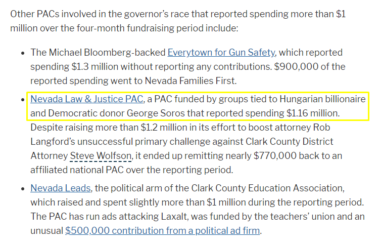 Groups backing Sisolak spent $13.3 million / raised $15.2 million on his race. Nevada Law & Justice PAC, funded by groups tied to George Soros spent $1.16 million. America Votes - funded by megadonors George Soro + Tom Steyer spent $200k.h/t  @inkedinkee https://thenevadaindependent.com/article/follow-the-money-outside-groups-spent-around-27-million-in-governors-race-over-last-four-months