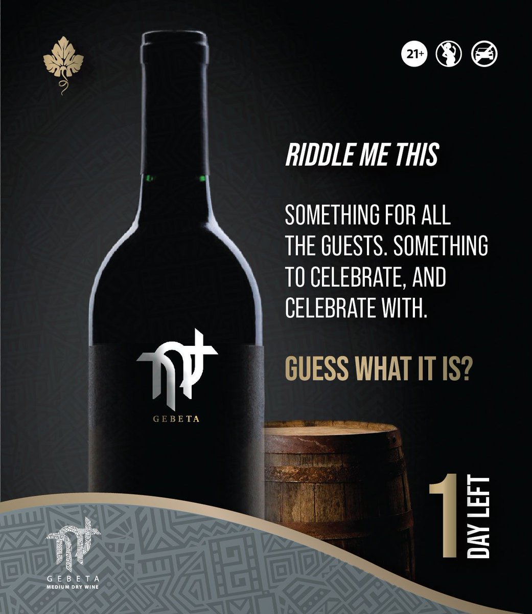 Only one day left! 
Today is the last day before we reveal our Limited Edition surprise. 
Follow and Share with your friends who love wine and love to have fun. 
Cheers, 
Gebeta Wine 
Ethiopian | Syrah Cabernet Sauvignon 
#Ethio #ethiopia #AddisAbaba 
#winelovers #wine #winelover