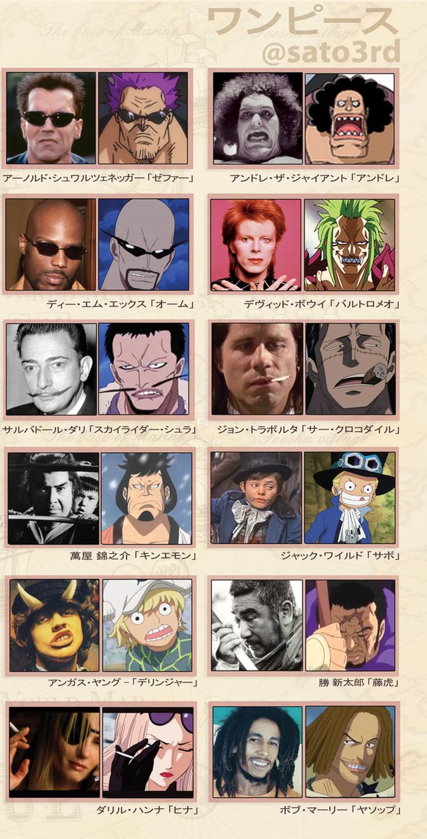 multiversofriki's tweet image. Eiichiro Oda, el creador de #ONEPIECE, ha reconocido que muchos de sus personajes están inspirados en gente real conocida.
El twittero @Sato3rd ha compilado estos paneles con los parecidos razonables. Algunos están confirmados 😄