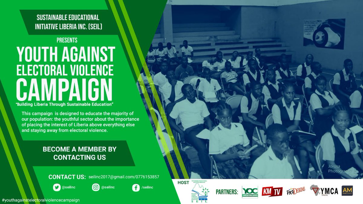 A clarion call for the young people of Liberia to be peaceful,civil, tolerant and resilient as we approach the midterm senatorial election in December, and beyond!

#Youth_Against_Electoral_Violence_Campaign
#YAEVC
#SEIL
#Youth_Ends_Electoral_Violence
#SEIL_YAEVC