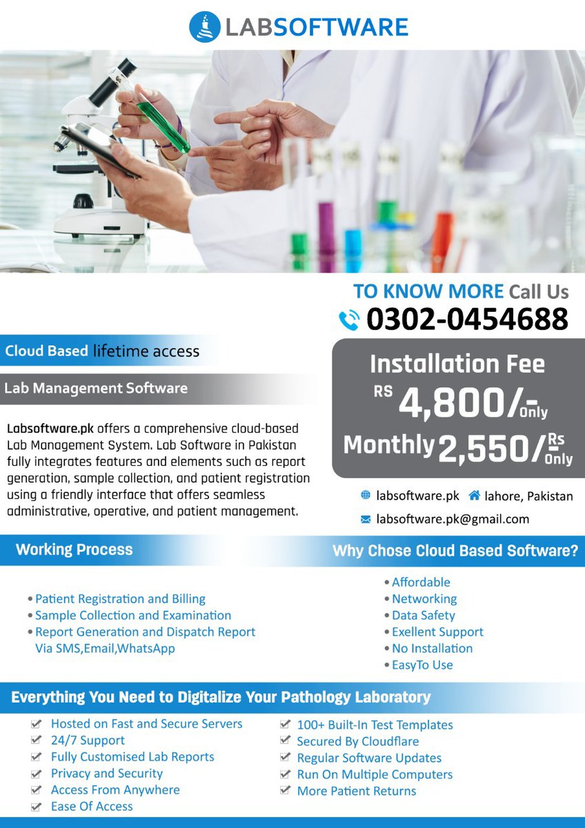 LabsoftwareP's tweet image. Welcome to LabSoftware.pk!
Labsoftware.pk offers a comprehensive cloud-based Lab Management System. Lab Software in Pakistan fully integrates features and elements. 
Visit our website for more details:
labsoftware.pk