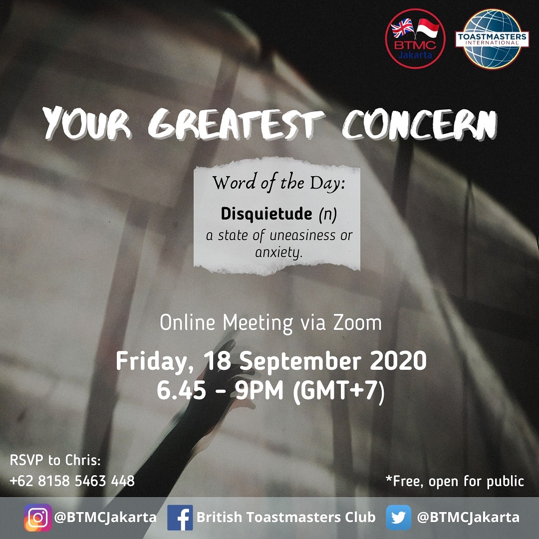 Sometimes it's better to let out your fears and face them head on, especially during these trying times.

We will talk about how to handle our worries and disquietude at the BTMC online meeting on Friday, 18 September at 6.45 PM WIB. (GMT +7) #ToastmastersInternational