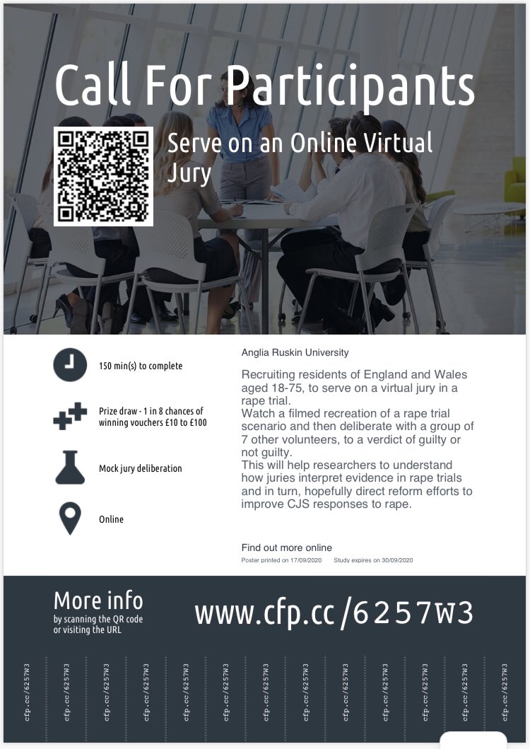 Final call for participants to serve on an online criminal jury. ⚖️
Help inform research to improve justice responses to rape in England and Wales.
More info: ARUjuryresearch@gmail.com 
 <a href="/AngliaRuskin/">ARU</a> @PIERatARU <a href="/CFP_uk/">CallForParticipants</a>