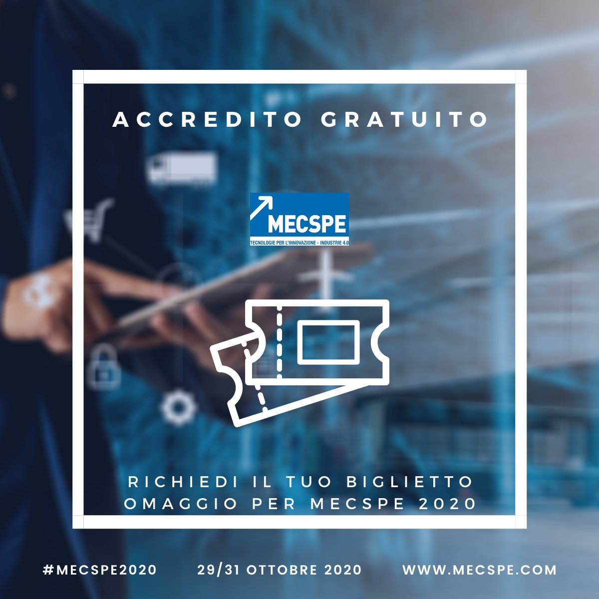 Visita #MECSPE PARMA, vieni a trovare l’idea che ti manca!
mecspe.com/it/biglietti-i…

Non perdere l’occasione di visitare la diciannovesima edizione di MECSPE, la fiera di riferimento per l’industria manifatturiera che da anni registra una crescita costante.