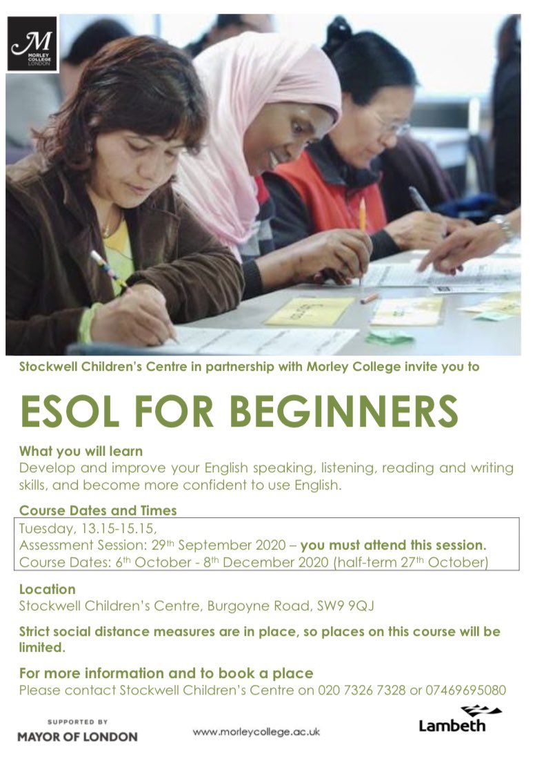 ESOL is back at Stockwell Children’s Centre! We will be running a Beginners ESOL course for parents on a Tuesday afternoon, a crèche will be provided but spaces will be very limited!