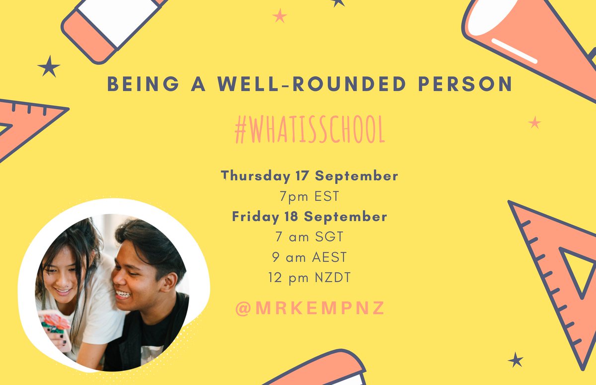 mrkempnz's tweet photo. This is the 1 hour countdown to this week's #whatisschool chat all about being a well-rounded person! I hope you and your PLN will join me ..... Please share https://t.co/L9zTG14IJ6