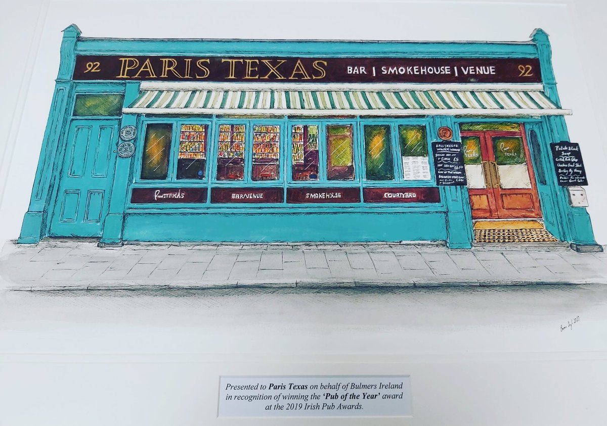 ParisTexasBar's tweet photo. We received a wonderful gift from @BulmersIreland in recognition of winning national pub of the year. A beautiful hand painted picture of our shop front. #puboftheyear #lovekilkenny #IrelandsAncientEast #paristexasbar #paristexas #paristexasbarkilkenny #kilkenny https://t.co/RPnAwv5kQu
