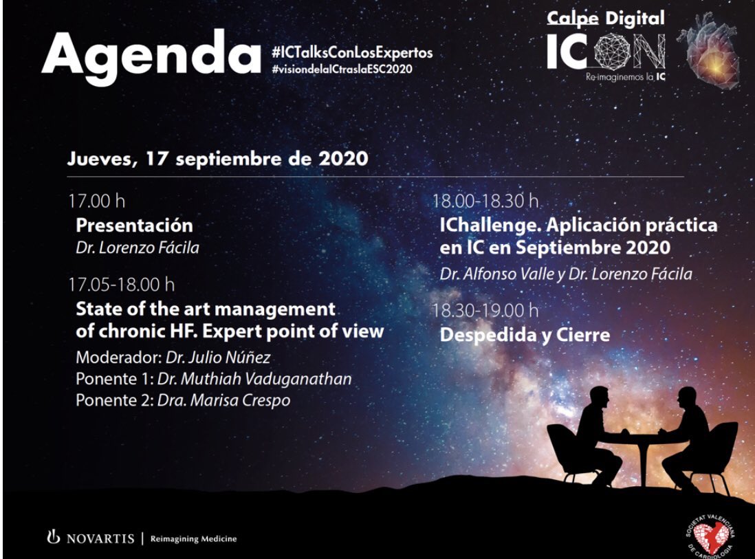 SVCardio (@svcardio) on Twitter photo Hoy 🗓 17 h 🔜 comienza #ICON_20, nuestra reunión anual de IC en formato 💻📱2020 
✔️ info en svcardio.org
✔️ Ponentes 🔝Todo un honor contar con👇 #ICTalksConLosExpertos 
📍<a href="/mvaduganathan/">Muthu Vaduganathan</a>
📍<a href="/marisa1109/">Marisa Fillat</a> 
📍<a href="/yulnunezvill/">Julio</a> 
Turno de debate:
<a href="/mi_cardiologo/">Lorenzo Fácila</a> <a href="/ValleAlfonso/">Alfonso Valle</a> Hoy 🗓 17 h 🔜 comienza #ICON_20, nuestra reunión anual de IC en formato 💻📱2020 
✔️ info en svcardio.org
✔️ Ponentes 🔝Todo un honor contar con👇 #ICTalksConLosExpertos 
📍<a href="/mvaduganathan/">Muthu Vaduganathan</a>
📍<a href="/marisa1109/">Marisa Fillat</a> 
📍<a href="/yulnunezvill/">Julio</a> 
Turno de debate:
<a href="/mi_cardiologo/">Lorenzo Fácila</a> <a href="/ValleAlfonso/">Alfonso Valle</a>