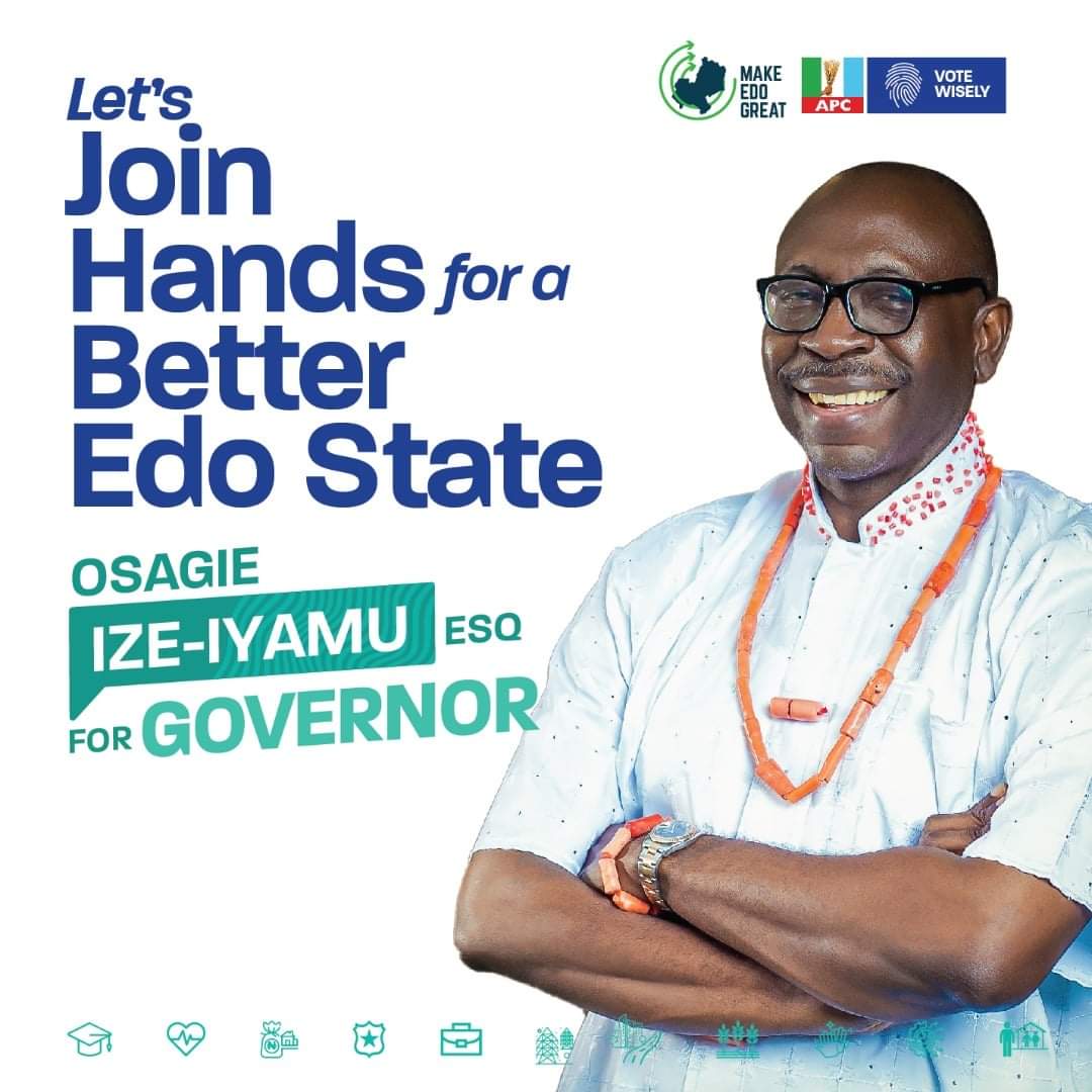 aigbona_imonike's tweet photo. Let's join hands for a better Edo state.

Vote Osagie Ize-Iyamu for governor.

#EdoMustMoveForward #TheSimpleAgenda #POIGANi #MakeEdoGreat https://t.co/SRnrrD6rAd