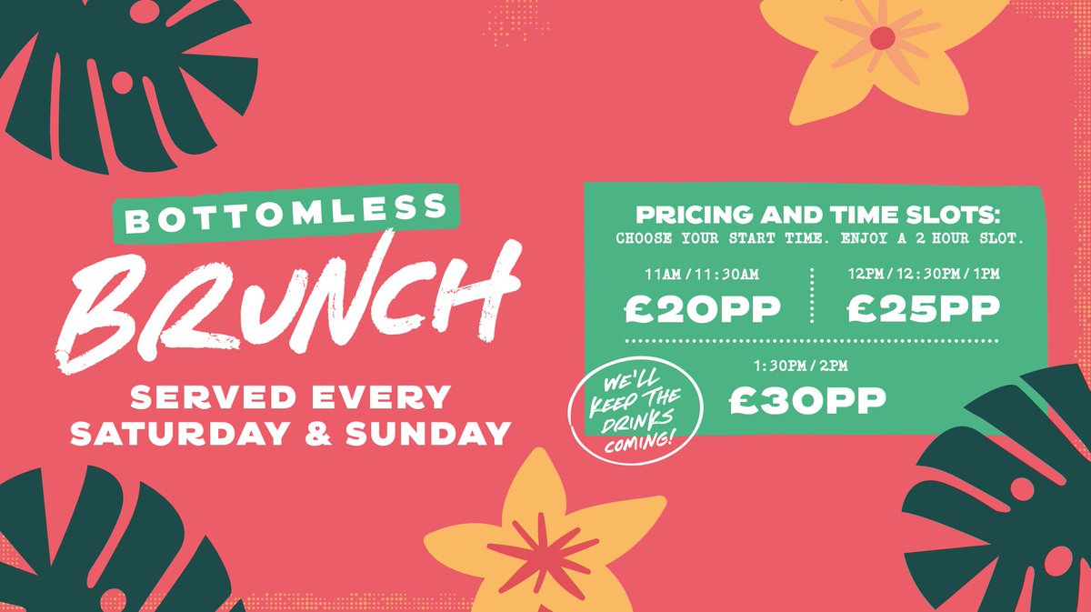 Our Bottomless Brunch will be returning next weekend and will be on every Saturday and Sunday🥂
Each person will get: 
A brunch dish of their choice 
Unlimited drinks for 2 hours
To book a table for 6 or less guest's either: 
📞 01908 886246  
💻 bookings-mk@revoluciondecuba.com