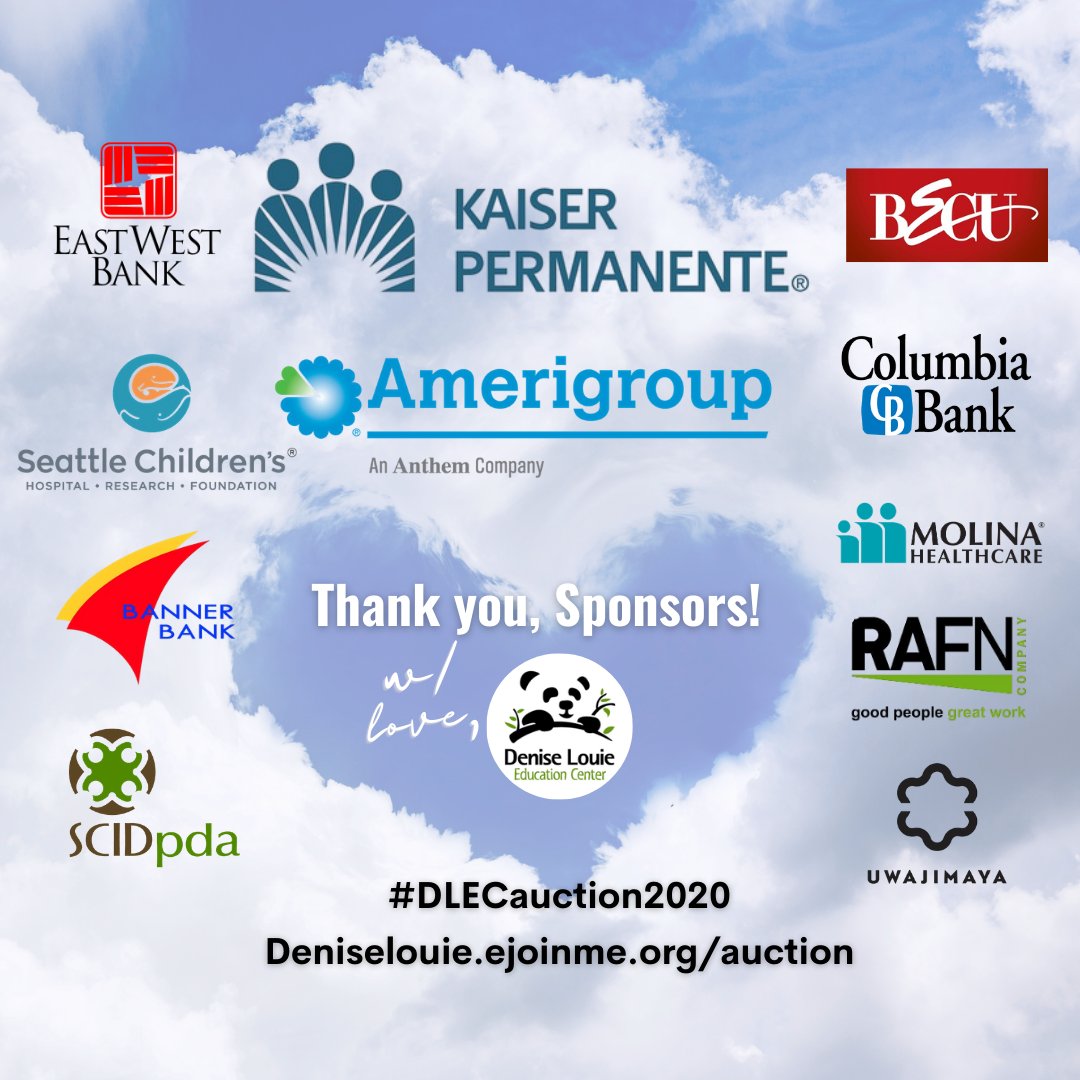 DeniseLouieEd's tweet photo. Thank you @kpwashington @Amerigroup @EastWestBank @BECU @ColumbiaBankNW @seattlechildren @Banner_Bank @SCIDpda @molinahealth @RafnCompany @Uwajimaya!! So grateful to our sponsors for making our (virtual) #DLECauction2020 #fundraiser possible! ❤️ #Deniselouie Join us on Oct.… https://t.co/2aLCm86Sls