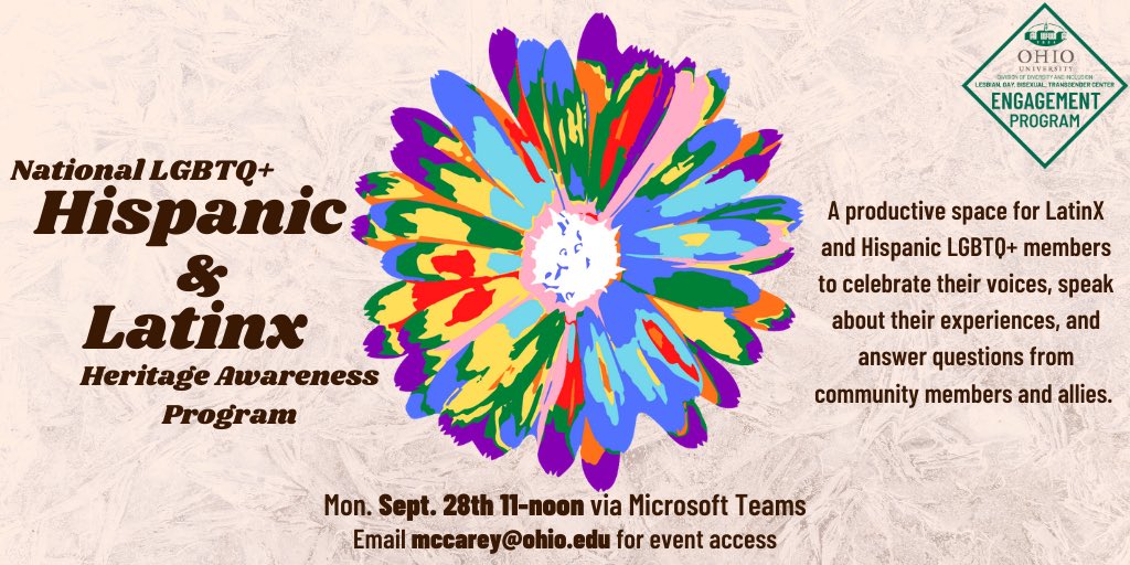 Join us on Monday, 9/28 from 11-12 for an event celebrating National LGBTQ+ LatinX and Hispanic Heritage Month! 

Email Micah at mccarey@ohio.edu for access info!