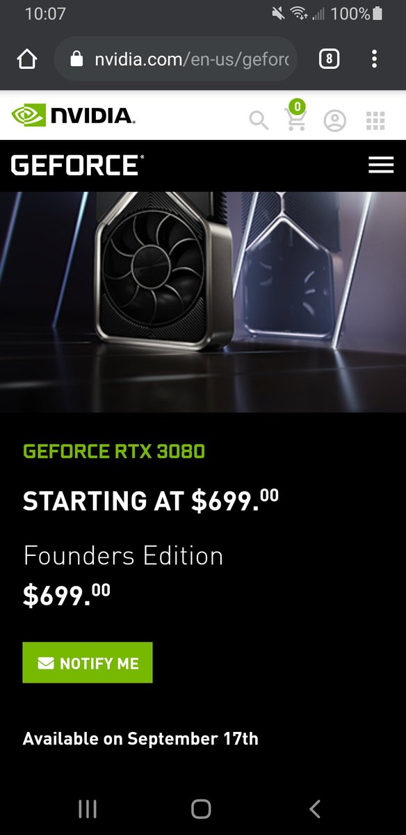 RealArmedes's tweet photo. @NVIDIAGeForce Over an hour after launch and the site STILL says "Notify me" not even sold out. Your launch was a joke 😂 https://t.co/J0TcyoUb7z
