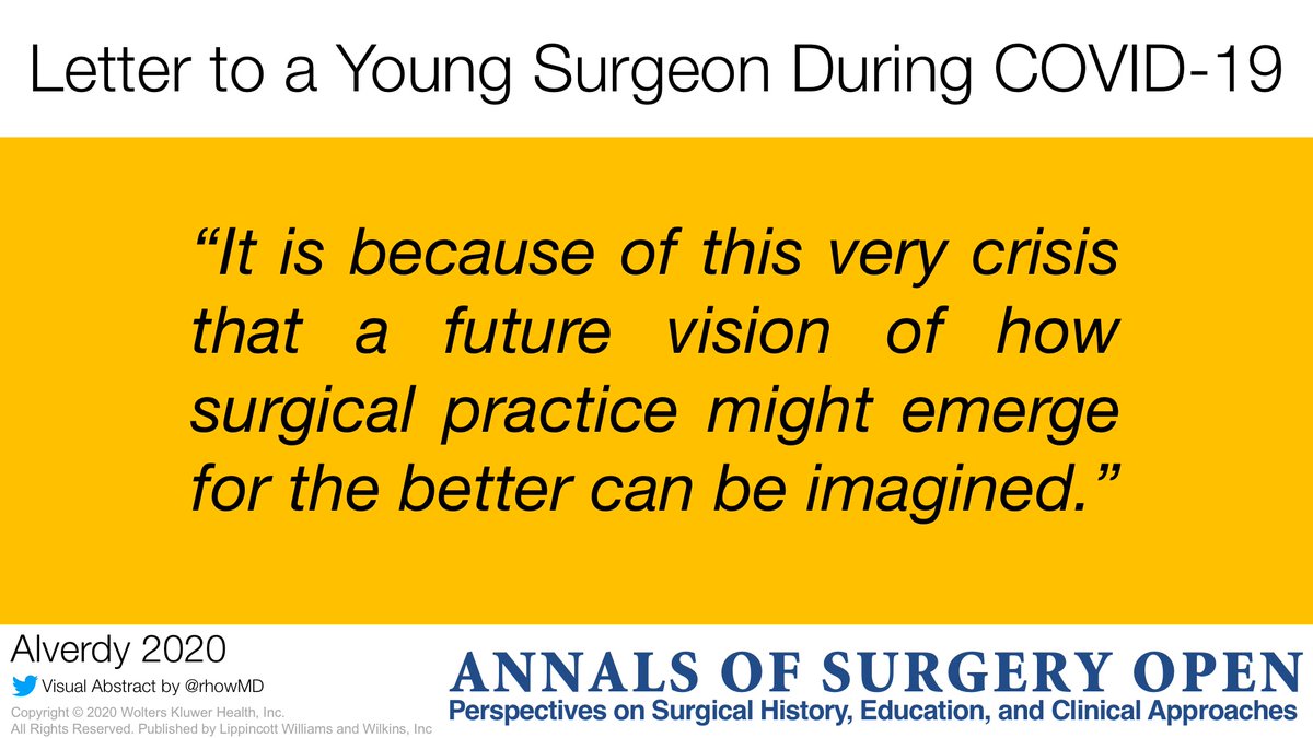 Reflections by @JCAlverdy about how #COVID19 impacts surgical trainees and how they are poised to transform the future of surgery. journals.lww.com/aosopen/Fullte…