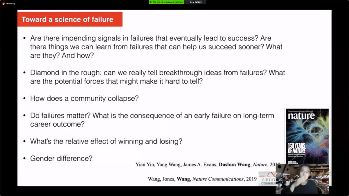 HirokiSayama's tweet photo. Now listening to @dashunwang 's talk on the science of failure, a topic much more relatable to us (or at least to me)
@netsci2020 @quant_success https://t.co/t1WkrpNmA7