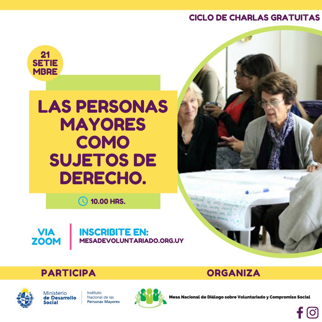 Ciclo de charlas sobre Personas Mayores impulsadas por la Mesa de Voluntariado🧑🏻‍🦳👴🏻

Próxima charla LUNES 21 DE SET. / 10.00 hrs por <a href="/midesuy/">Ministerio de Desarrollo Social</a> 

Inscribite en 👉🏻 mesadevoluntariado.org.uy